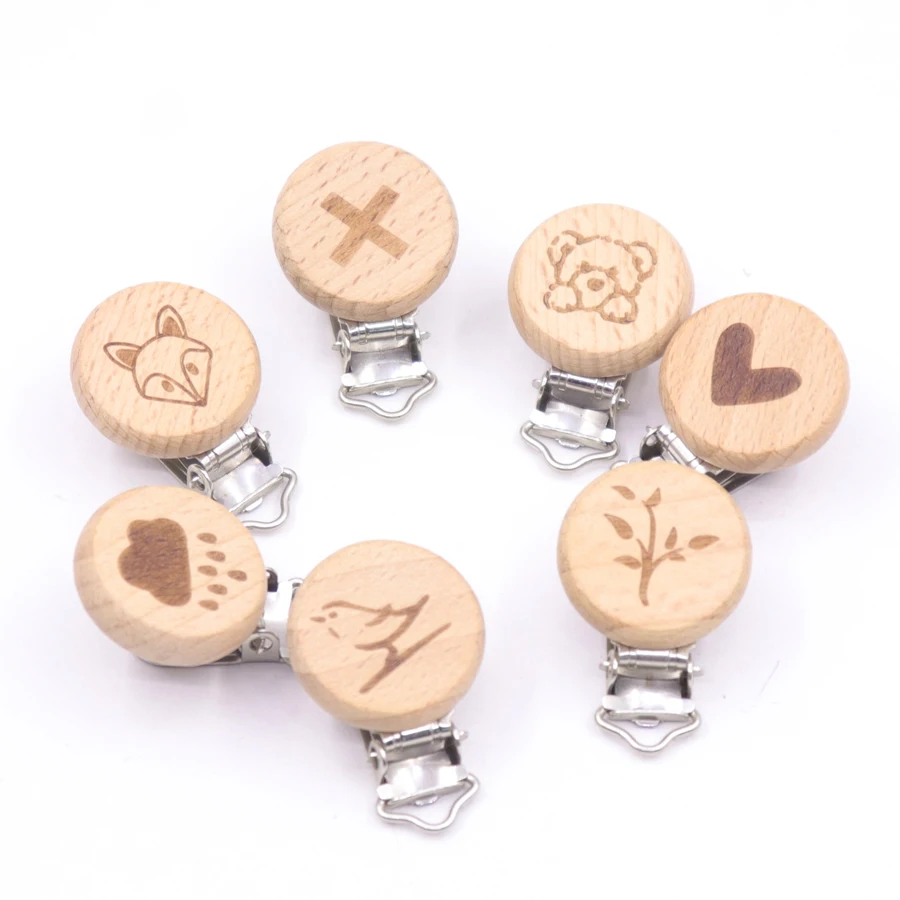 5 uds 5 Estilo encantador haya de madera Clip de animales de dibujos animados patr&oacute;n de idiota Cadena de chupete para beb&eacute; mordedor Clip para chupete Accesorios-0
