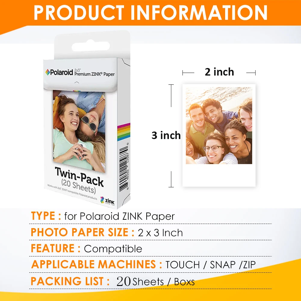 Пленка Polaroid Instax 2x3-дюймовая Премиум Zink фотобумага 20 листов для мгновенного