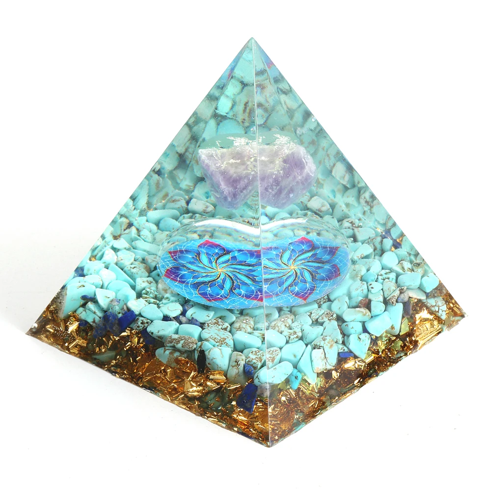 

Yoga Lotus Chip Turquoises Orgonite Pyramid 6-10cm Big Crystal Resin Reiki Energy Healing Chakra Meditation Tool Orgone Jewelry