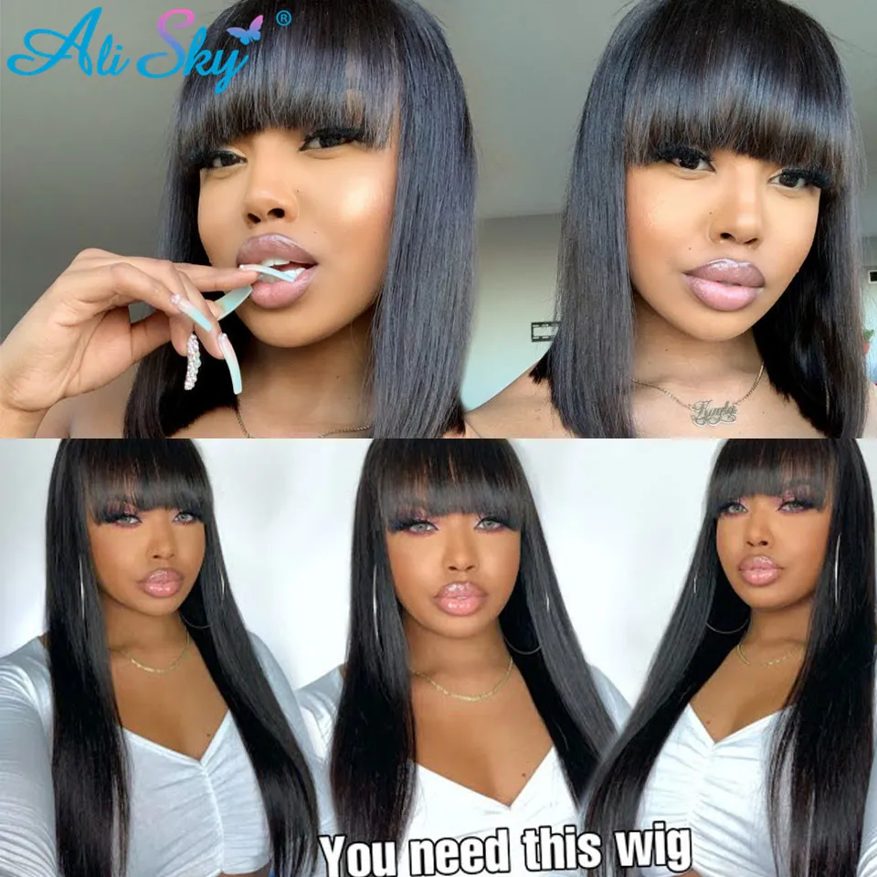 Парик AliSky из прямых человеческих волос с челкой парик полностью машинной работы