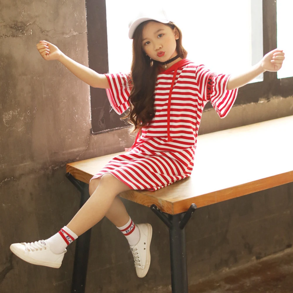 Children Girls Clothes Kids T-shirt Dress Striped Short Sleeve Hooded For Cotton Clothing Cute Outfits 4-8Y | Детская одежда и