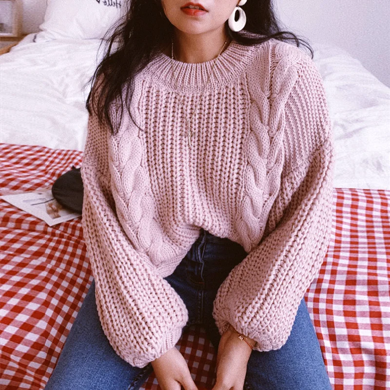 Богемный Вдохновленный розовый женский свитер с пышными рукавами вязаные