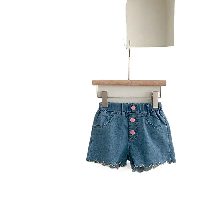 

2021 Hot Summer Casual 2 3 4 6Y Children Buttons Cotton Pocket Denim Blue Shorts for Small Baby Kids Girls Pants Kawaii Shorts