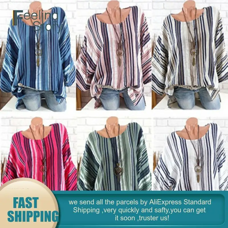 Туники женские большие размеры 5XL рубашка хлопковые свободные полосатые рукава