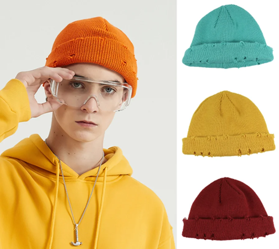 

Men Hip Hop Hole Knitted Hats Multi-color Women Skullcap Sailor Beanies Hat Fashion Autumn Winter Outdoor Cotton Warm Caps
