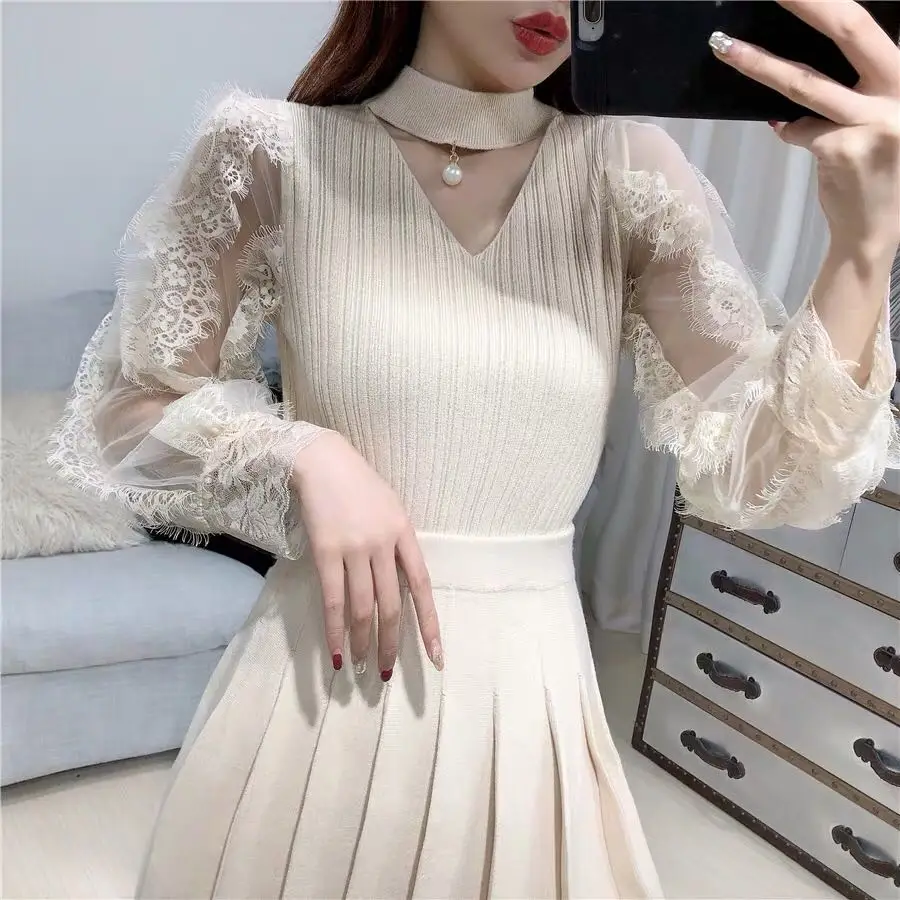 ALPHALMODA Новая мода кружевной фонарь рукав яркий Шелковый вязаный обтягивающий свитер изящный женский милый кружевной свитер Мода Outfi