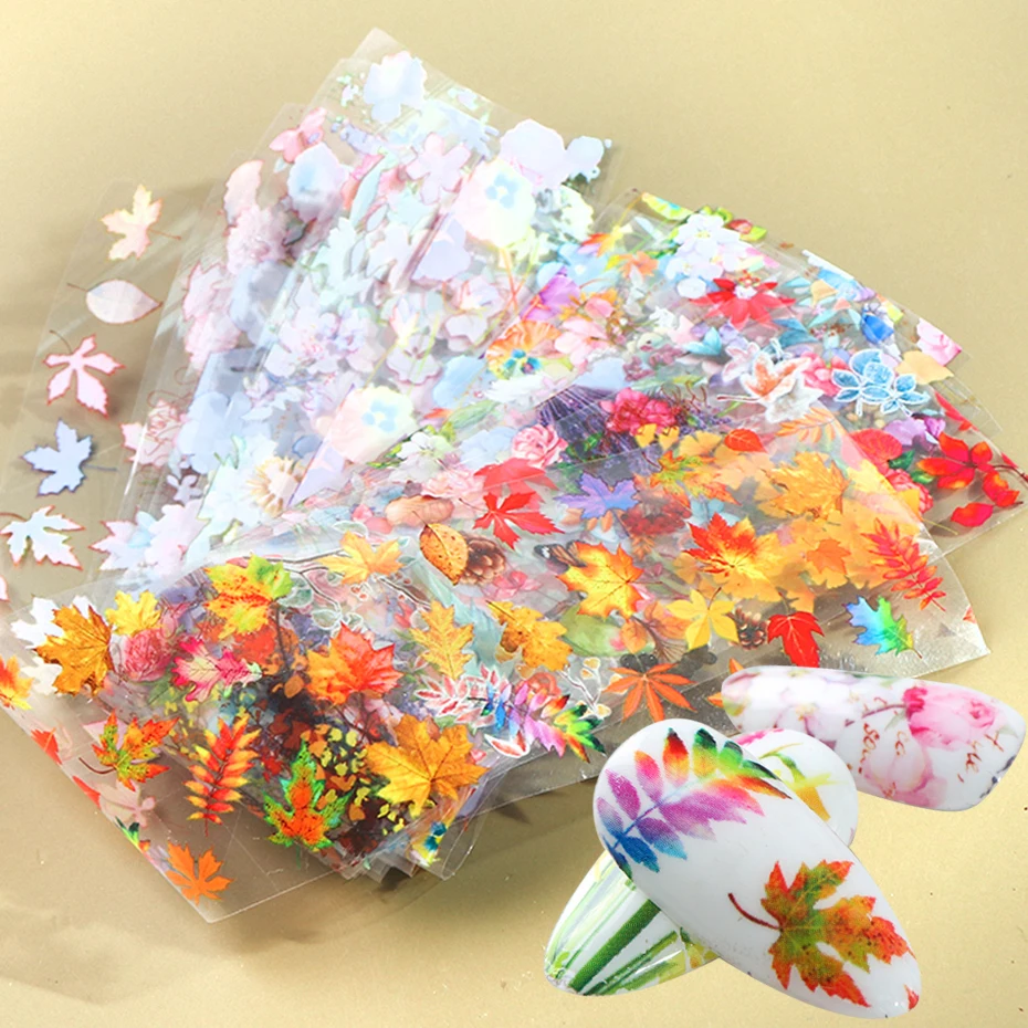 10 шт. осенние кленовые фольги для ногтей переводные наклейки Набор цветущих