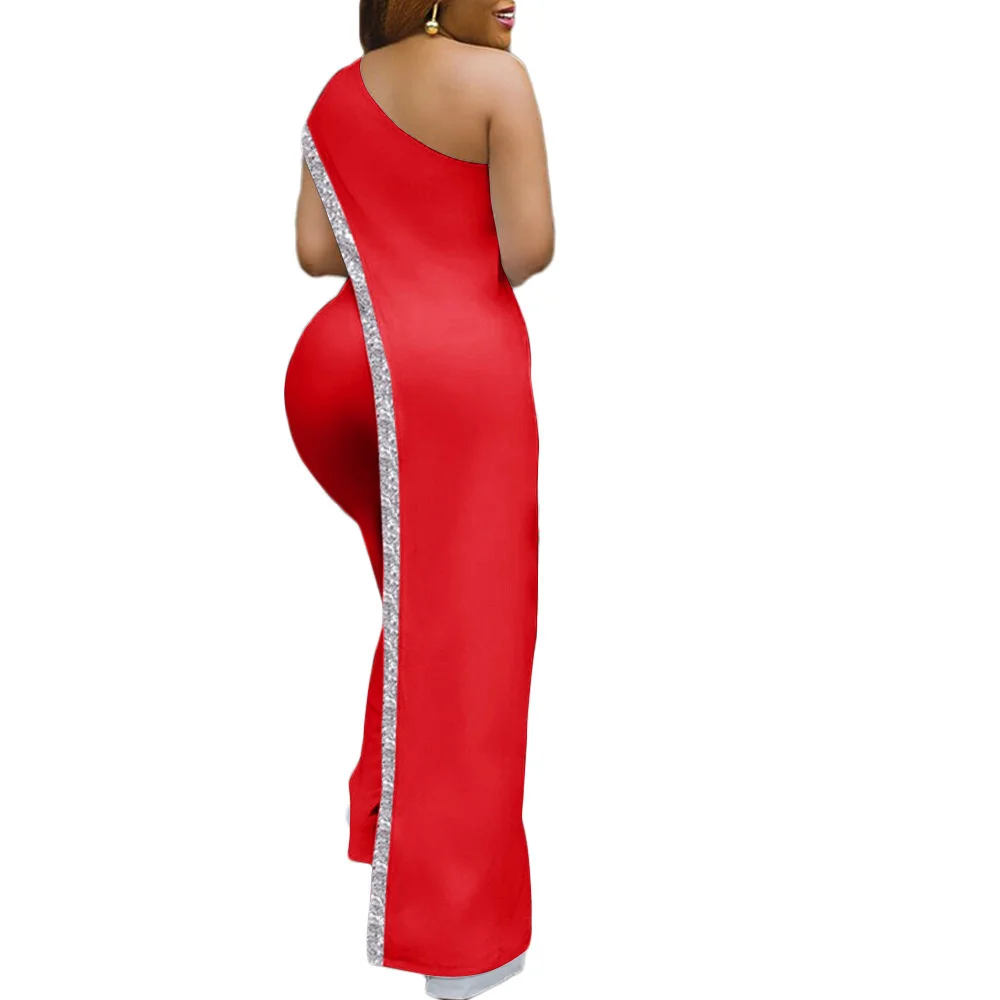 

SSEURAT Women Irregular One Shoulder Jumpsuit Solid Sequined Detail Party Club Overalls Jumpsuits