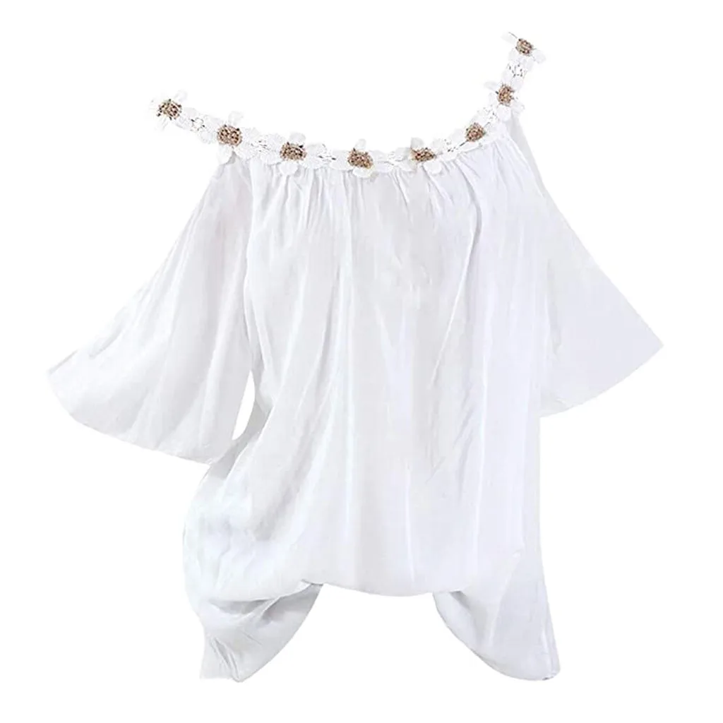 Белая женская блузка корейский топ с открытыми плечами рубашка цветочным