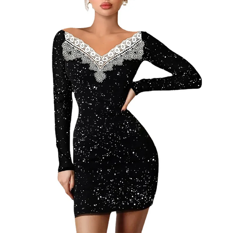 

Women Dress Slim Fit Warped Hip Black Dress 2022 Spring New Long Sleeve Lace Patchwork Mini Dresses for Women Vestido Feminino