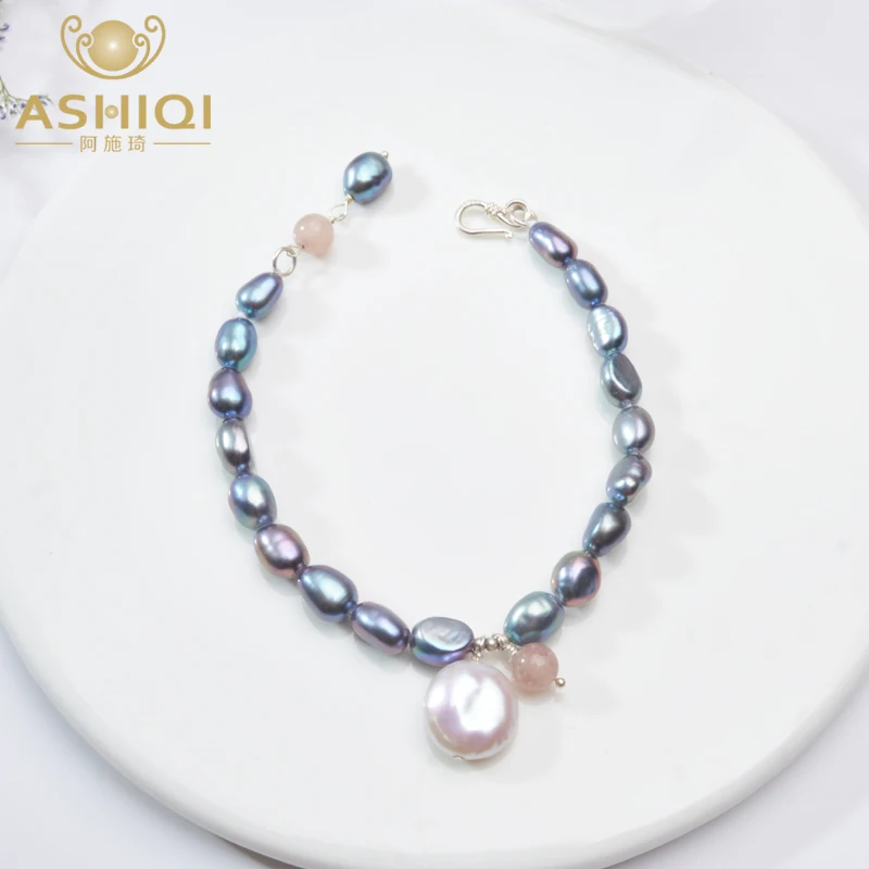 Женские браслеты с натуральным пресноводным жемчугом ASHIQI дружбы белым и черным