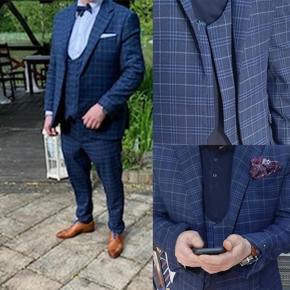 

Классические клетчатые мужские свадебные смокинги, 3 предмета, костюмы для жениха в клетку, брюки для вечерние ринки, выпускного, куртка, дел...