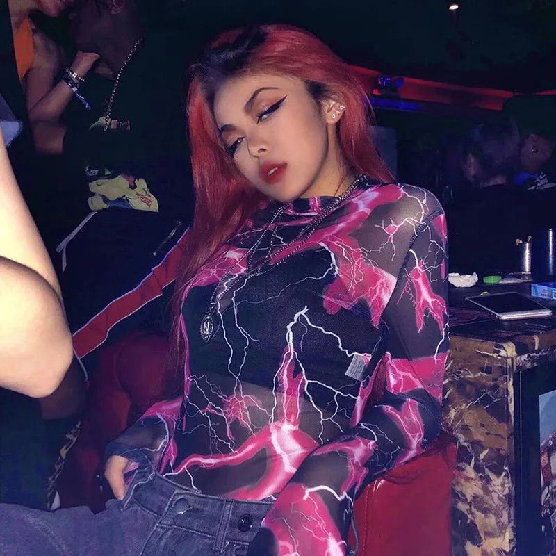 Модный женский комбинезон с принтом молнии осень 2019 сетчатый длинным рукавом