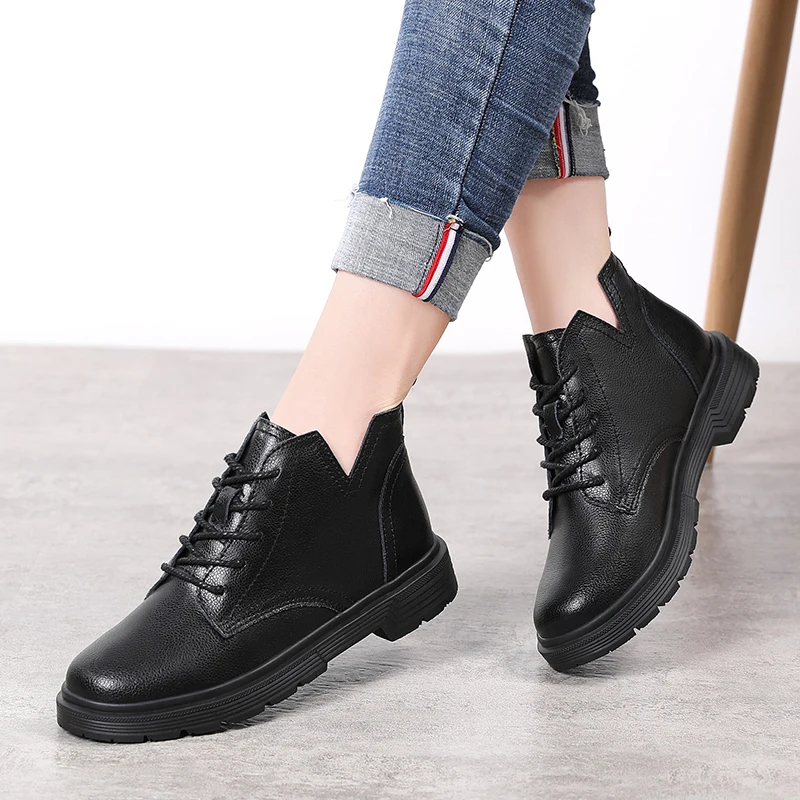 

Cow Leather High Top Martin Boots Four Seasons New British Style Round Toe Lace up Leather Shoes Antiskid Women Shoes Casual New
