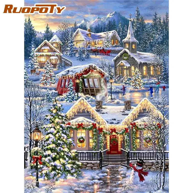 

RUOPOTY 60x75cm Diy Frame Painting By Number Snow Road Scenery Picture By Numbers Acrylic Paint On Canvas For Home Artwork