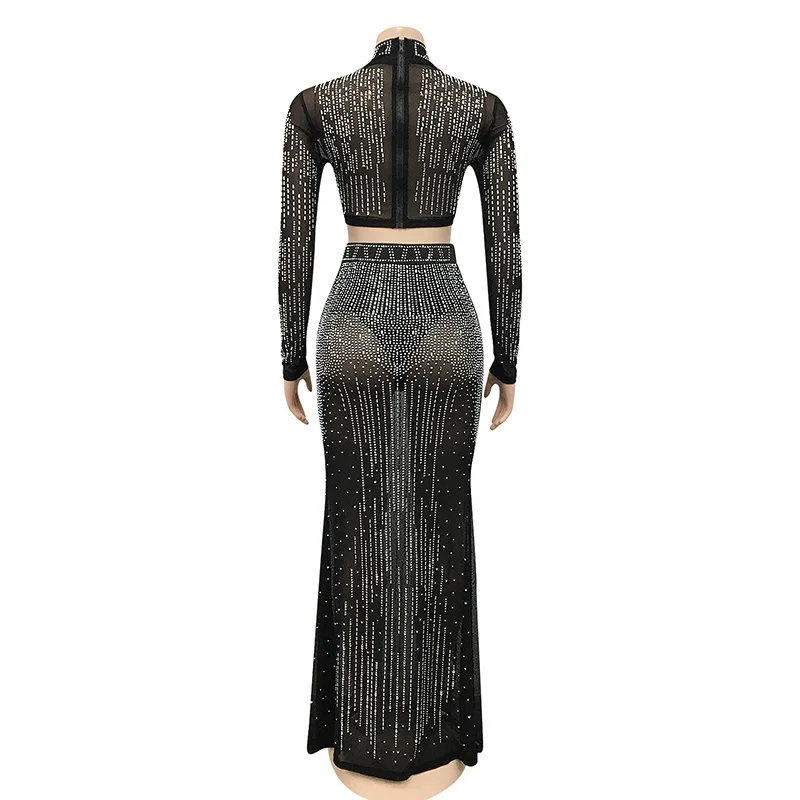 kricesseen sexy mesh hot drilling see through skirt set women crystal long sleeve top and maxi skirt suits clubwear outfits free global shipping