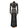 Kricesseen Sexy Mesh Hot Drilling See Through Skirt Set Women Crystal Long Sleeve Top And Maxi Skirt Suits Clubwear Outfits 6