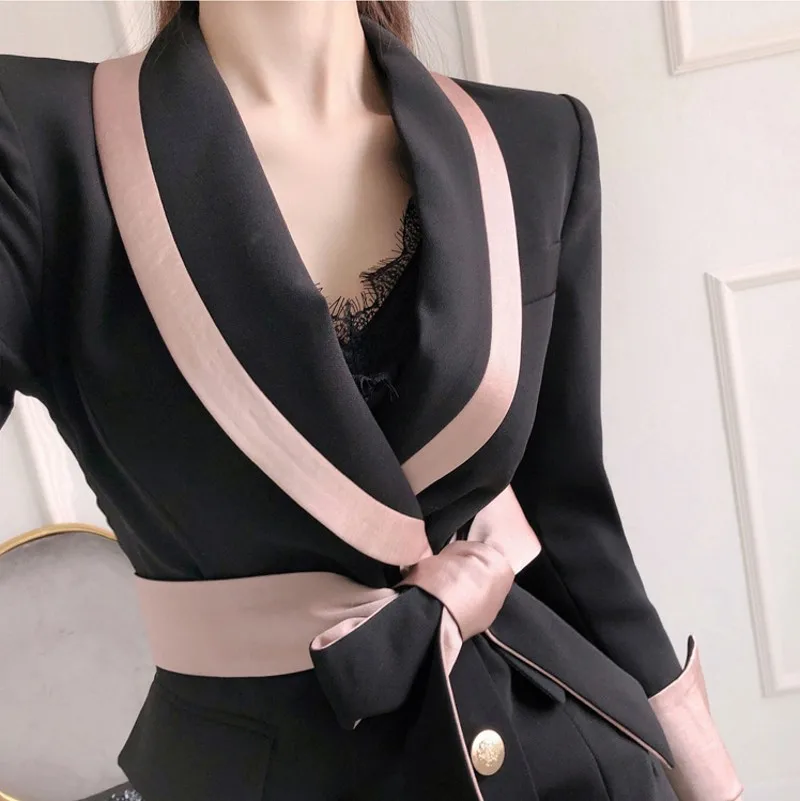 

2021 spring temperament women 2 piece sets Pant Suit Office Elegant Double Breasted Blazer +Pant suits