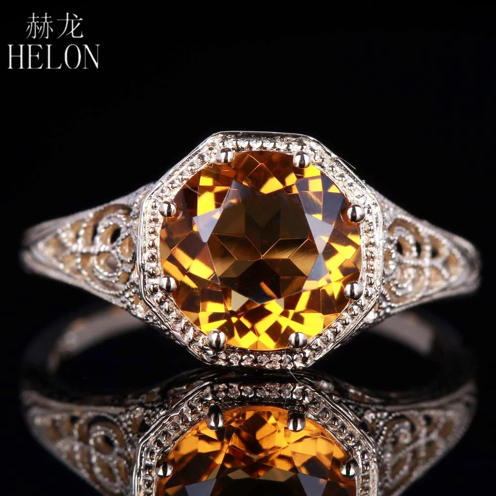 

HELON 7.5mm Round 100% Genuine Citrine Silver 925 Engagement Wedding Ring Women Jewelry Vintage Antique Solitaire Gemstone Ring