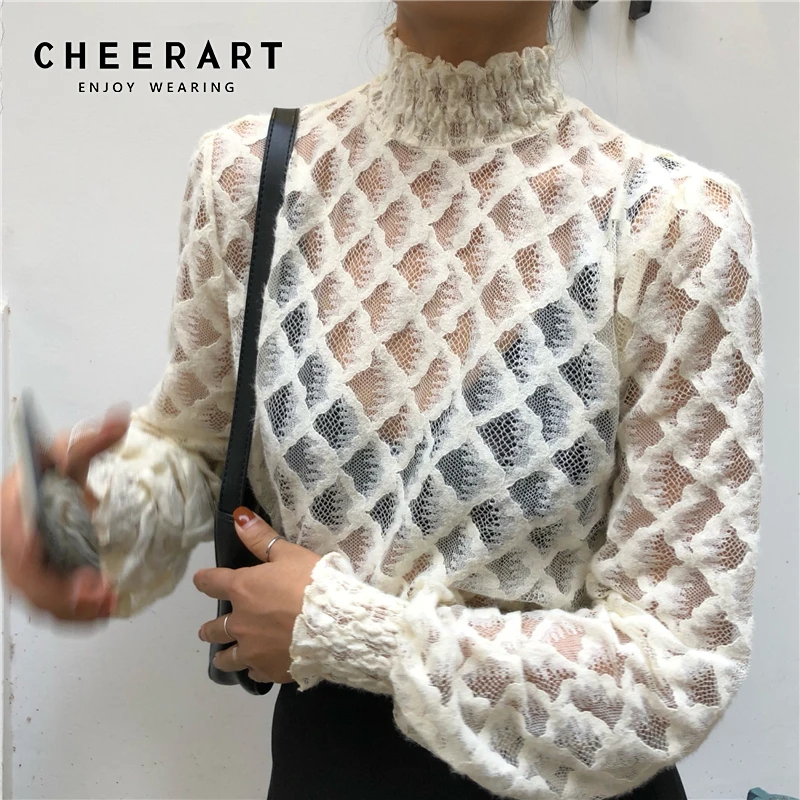 Женская прозрачная шифоновая блузка CHEERART белая черная с высоким воротником