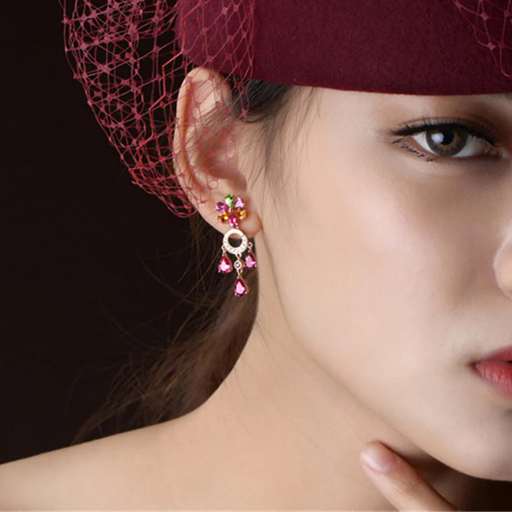 

Женские серьги-подвески с разноцветными камнями, висячие серьги цвета розового золота с кристаллами и кисточками, бижутерия для вечерние, п...