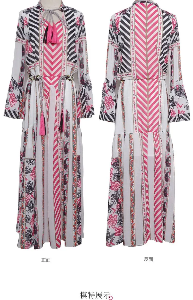 

Beach Style Flora Chiffon Dresses Long Women Belt Tassel V-neck Loose Dress Long Sleeve Sandy Beach Holidays Ladies Maxi Dress
