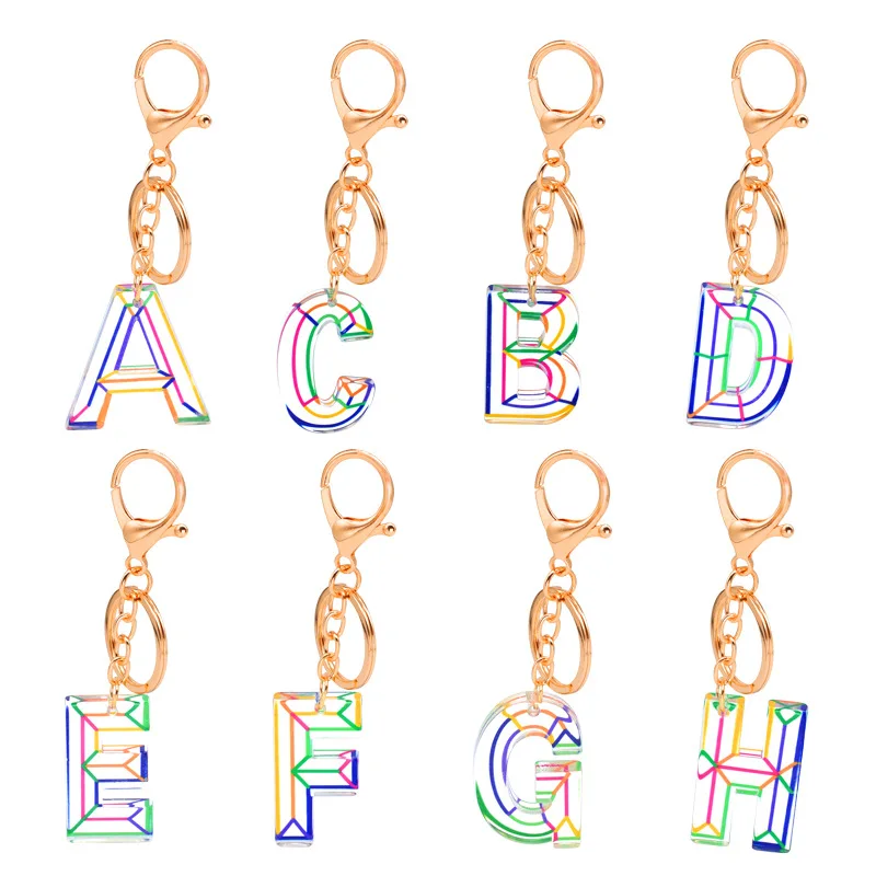 

Fashion 26 English Letter Keychain Transparent Color Stripe Resin Acrylic Letter Keychain Creative Pendant Jewelry For Women