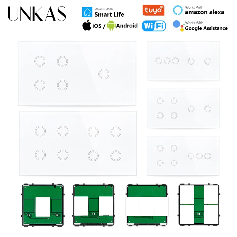 UNKAS Modules DIY Free Combination 2 3 4 5 6 7 8 Gang EU Matching Wifi Touch On/Off Smart Switch White Glass 157mm Panel Outlet