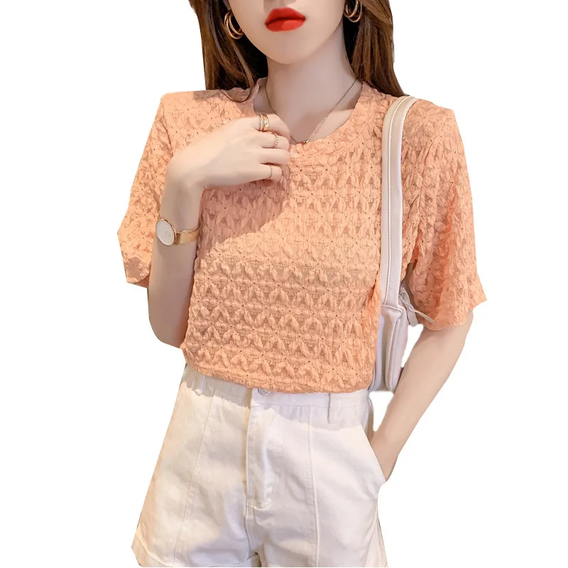 

2021 summer wear new loose Korean design sense of mind cut out lace short sleeve T-shirt