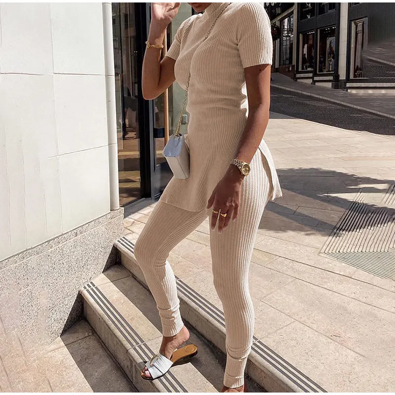 

Knitted Ribbed Women's T-shirts Set 2 Piece Set Short Sleeve T-shirt Female Suit 2021 Autumn Streetwear Ladies Long Pants Suits