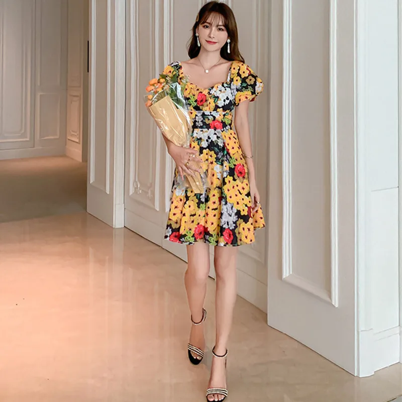 

Summer Elegant Sexy Party Floral Print A Line Dress Women Square Collar Short Sleeve Girls Dress Vintage Vacation Party Dresses