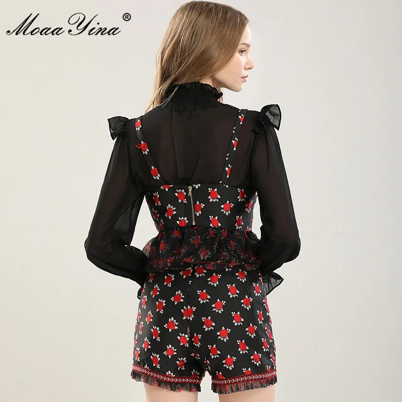

MoaaYina Fashion Set Spring Summer Women's Turtleneck Long sleeve Blouses Small sling Tops+Shorts Embroidery Three-piece suit