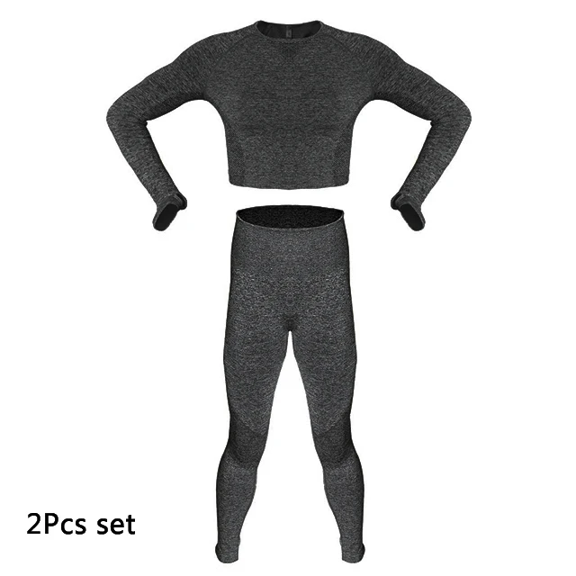 Black 2Pcs Set Комплект для йоги, женская одежда для фитнеса, бесшовный спортивный топ с длинным рукавом, Леггинсы для йоги, комплект для спортзала, спортивный костюм, спортивная одежда, тренировочный костюм - Цвет: Black 2Pcs Set