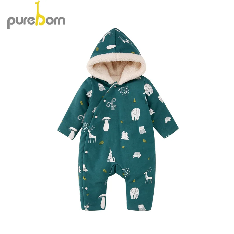 Pureborn/Одежда для новорожденных девочек; Рождественский комбинезон; комбинезон для маленьких мальчиков с рисунком оленя; флисовая подкладка; детская зимняя одежда; костюм - Цвет: green