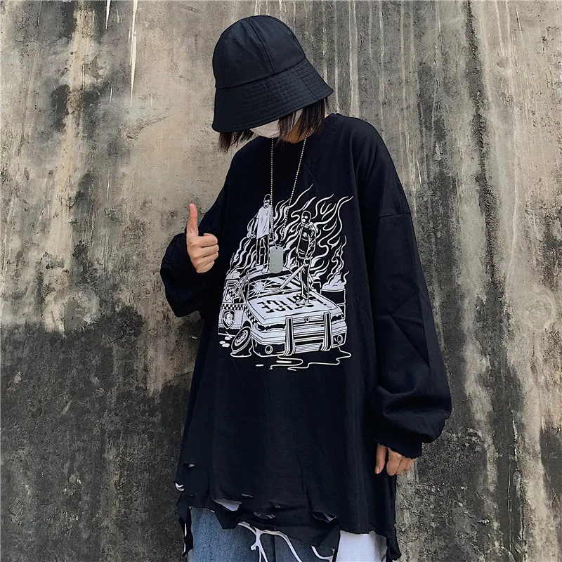 Lychee Harajuku Свободные повседневные женские толстовки с круглым вырезом топ с принтом пламени отверстие Женская Толстовка Топы весна осень женские пуловеры