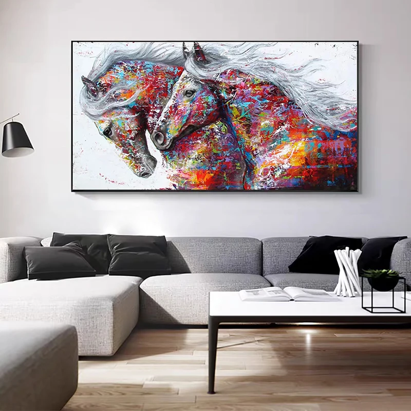 

Animal Two Running Horses Color Canvas Painting Wall Art Pictures Decorative For Living Room Modern Abstract Prints Posters