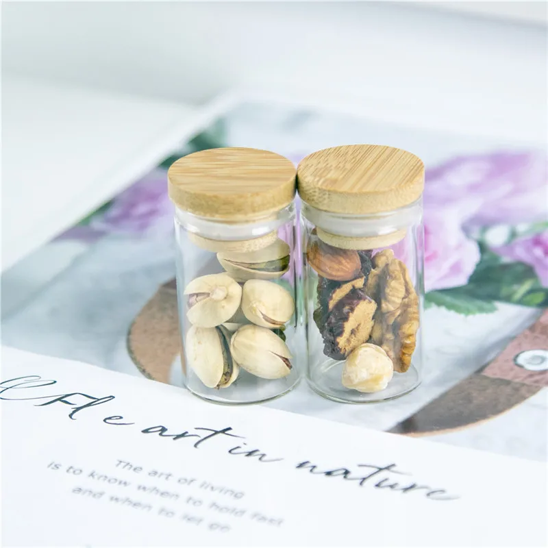 

20ml Glass Vials Bamboo Cover Vitreous Ornaments Containers Wedding Gifts Exhibits Hyaline Candy Food Pot Refillable Bottles