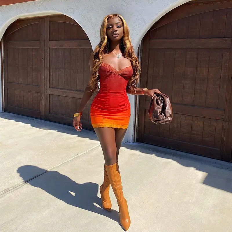 

2021 new Harajuku autumn French temperament slim sexy color matching suspender dress african lace dresses for women in clothing