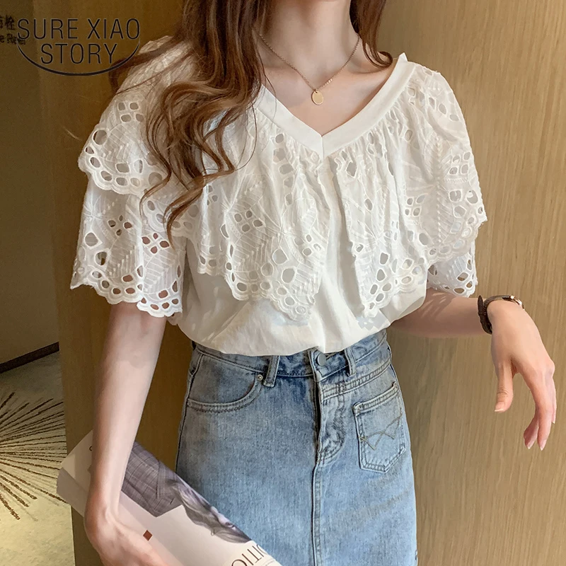 

New Summer Cotton Blouse Women Chic Crochet Hollow Butterfly Short Sleeve White Shirt Flying Sleeve V-neck Tops Blusas 13933