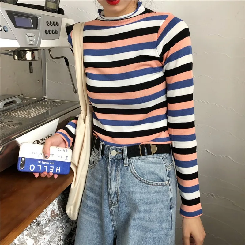 Hot Women Autumn Winter Korean Stripes print patterns which adds cool and refreshing feelings Collar Slim Bottom Knit Sweater | Женская