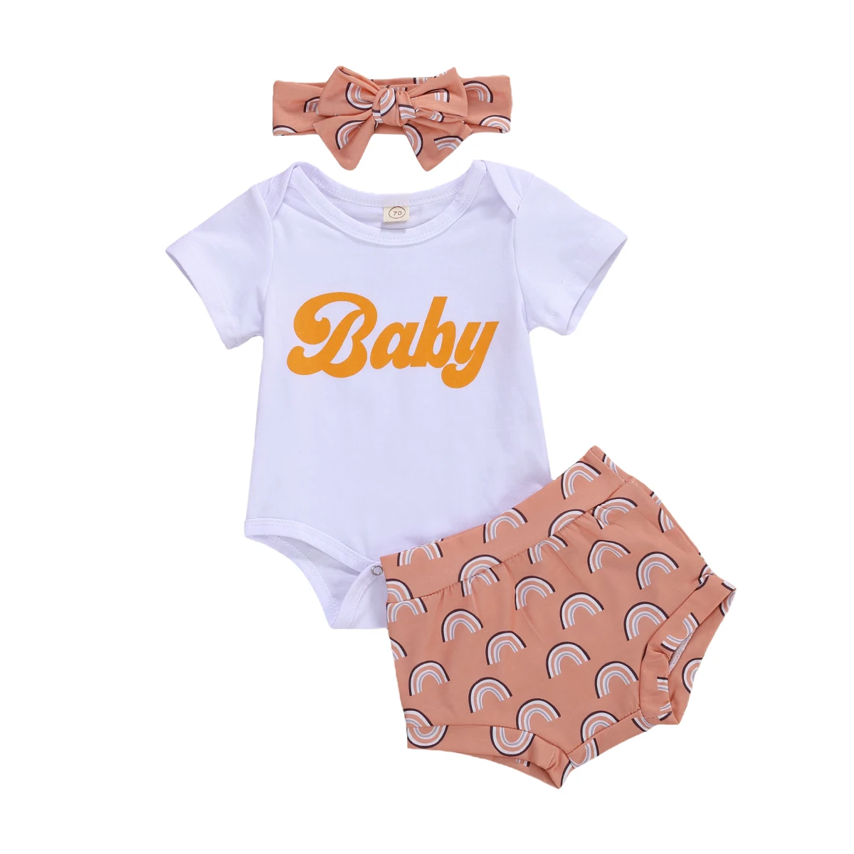 

Комплект радужной одежды для малышей 0-18 месяцев, 3 предмета, Детский комбинезон с короткими рукавами и буквенным принтом + шорты с высокой та...