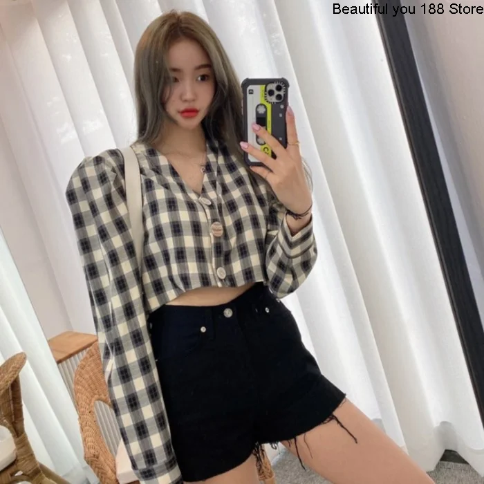 

South Korea Gate net red autumn pattern short long sleeve single row button British V-neck shirt