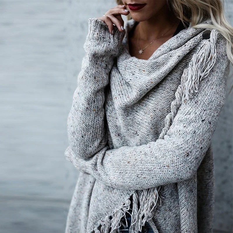 

Knitted Women Long Sleeve Sweaters Autumn Woman Knitting Sweaters Irregular Tassel Sweater Plus Size Scarf Collar Tops 2020