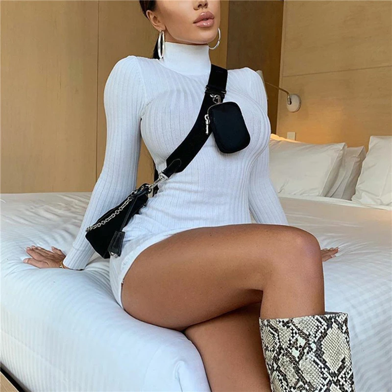 

New Fashion Women Sexy Bodycon Dress Autumn High Collar Long Sleeve Slim Ridbbed Dress Elegant Ladies Casual Mini Pencil Dress