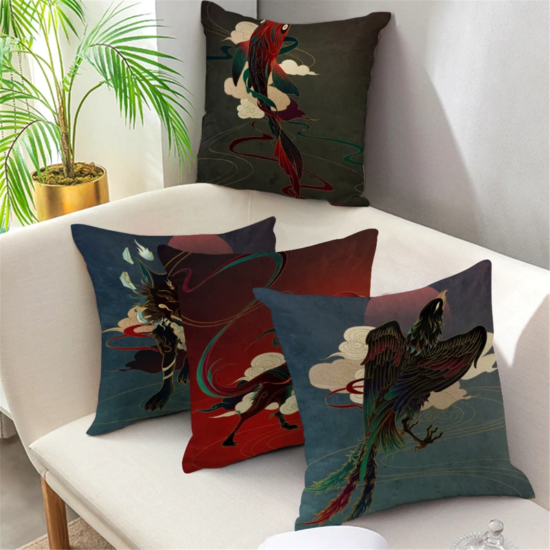 

Decorative Pillows Cover for Sofa Home Decor Office Chairs Cushion Cover Japanese Style Retro Phoenix Print Throw Pillowcase