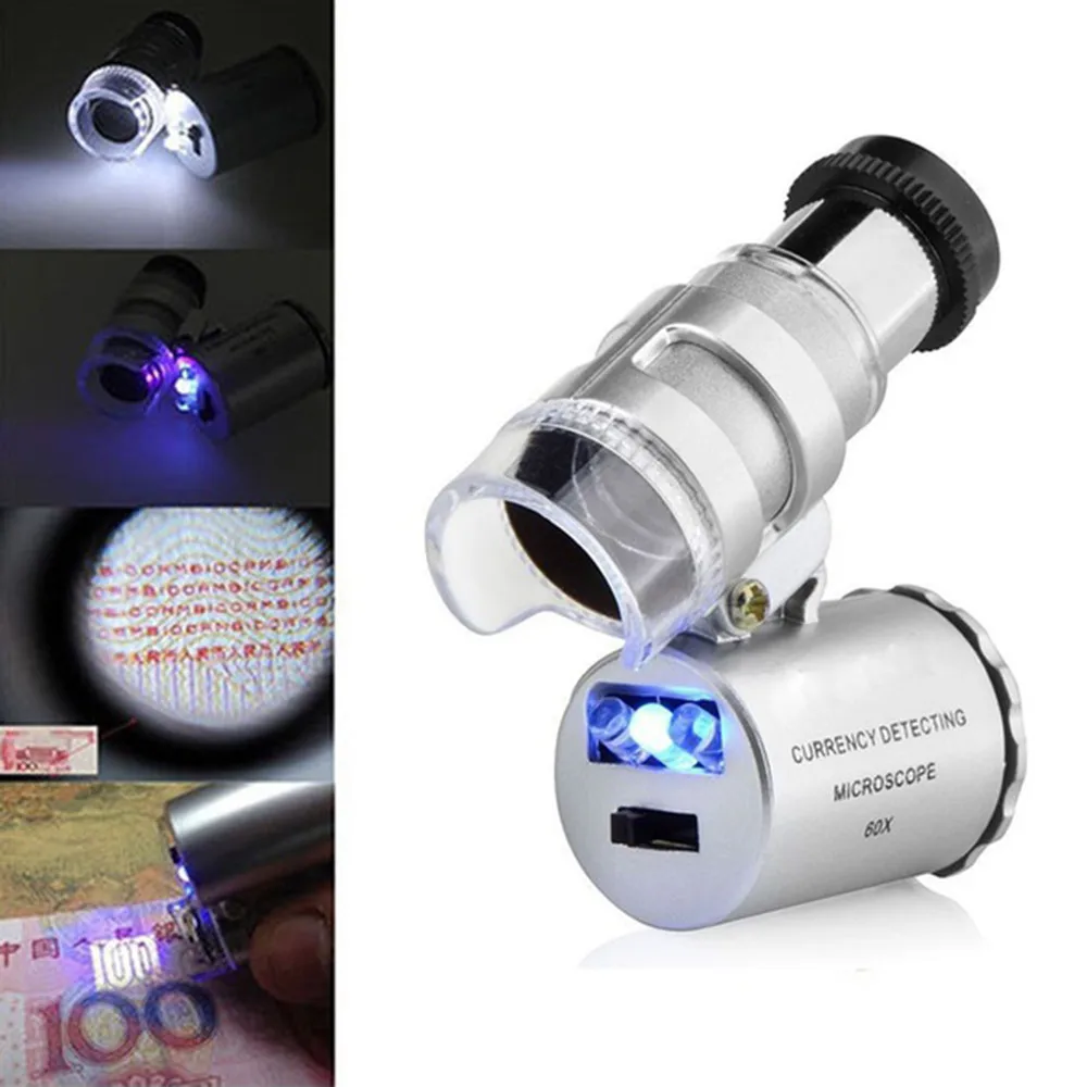 

Mini Microscope 60x Pocket Mini Microscope Magnifier Jeweler Loupes Glass Lens LED Light Money Detect Lamp Tester Dropship
