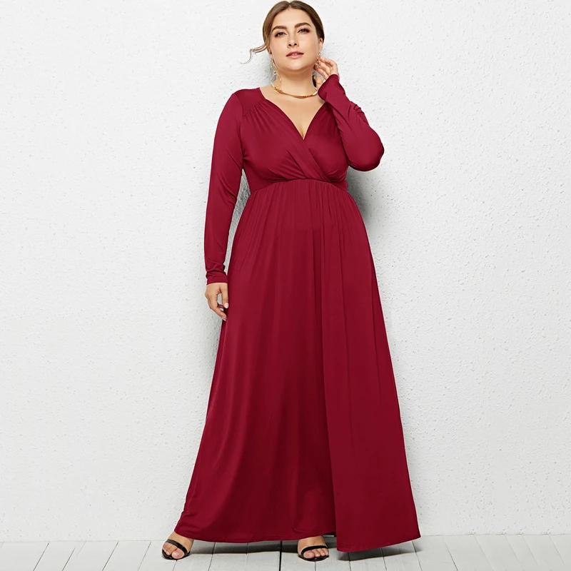 Плюс Размеры Осень Платье макси с длинным рукавом эластичной резинкой на талии v