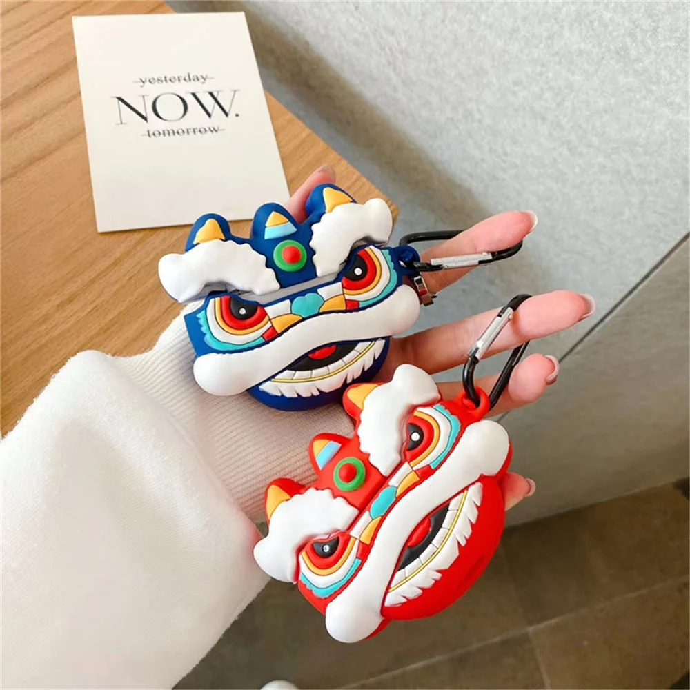 

Newest Cartoon National Tide Lion Dance Silicone Earphone Protective anti-fall Case for Airpods 1 2 pro cute headset cover shell