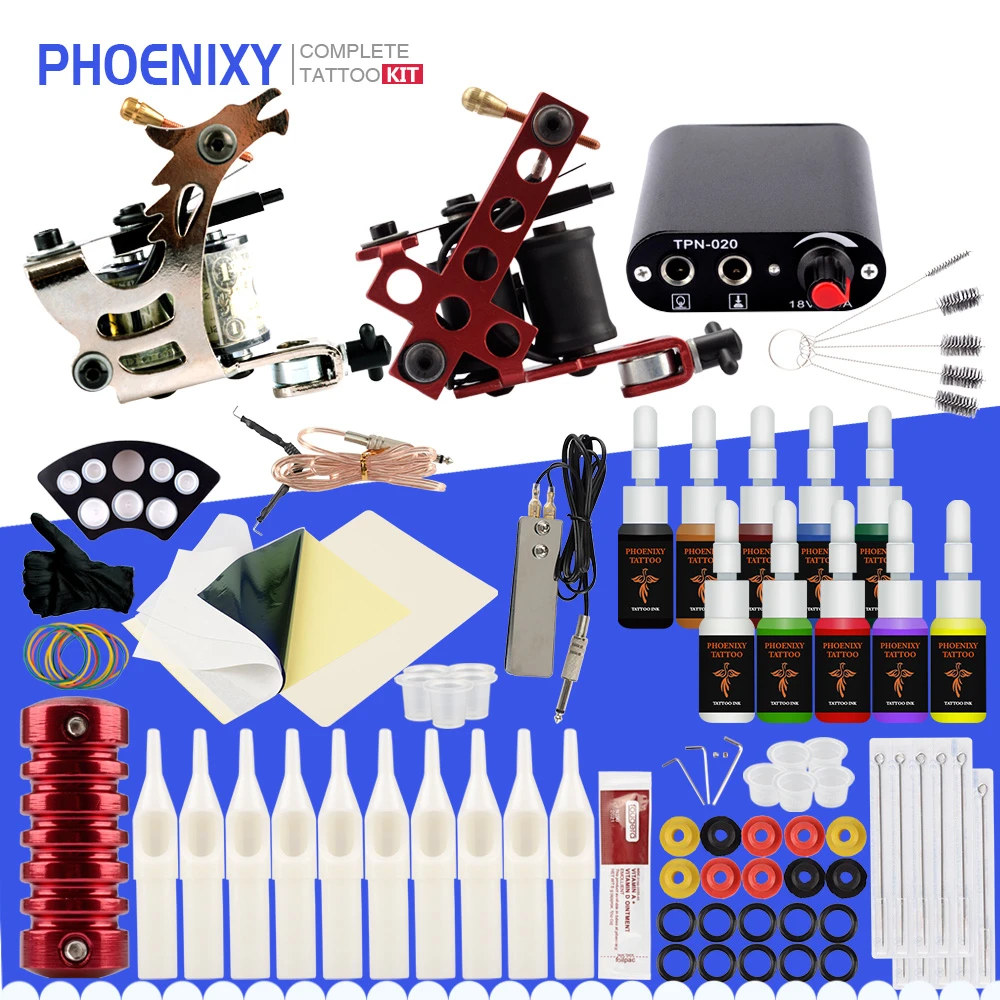 Полный комплект для тату две машинки 20 цветов чернила черный пигмент блок