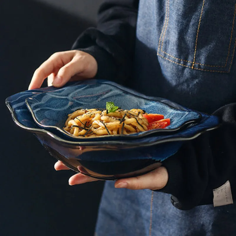 

FANCITY креативная личность в японском стиле простая Обжиговая синяя глазурь большая чаша Бытовая Посуда фруктовый салатник суп